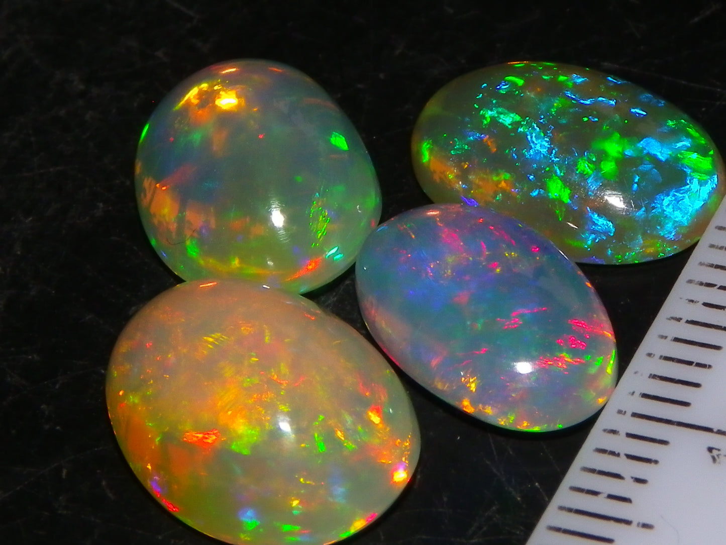 4 Nice Quality Ethiopian Welo Opal Cabs 10.5cts Multicolour Fires Green/Red/Blues