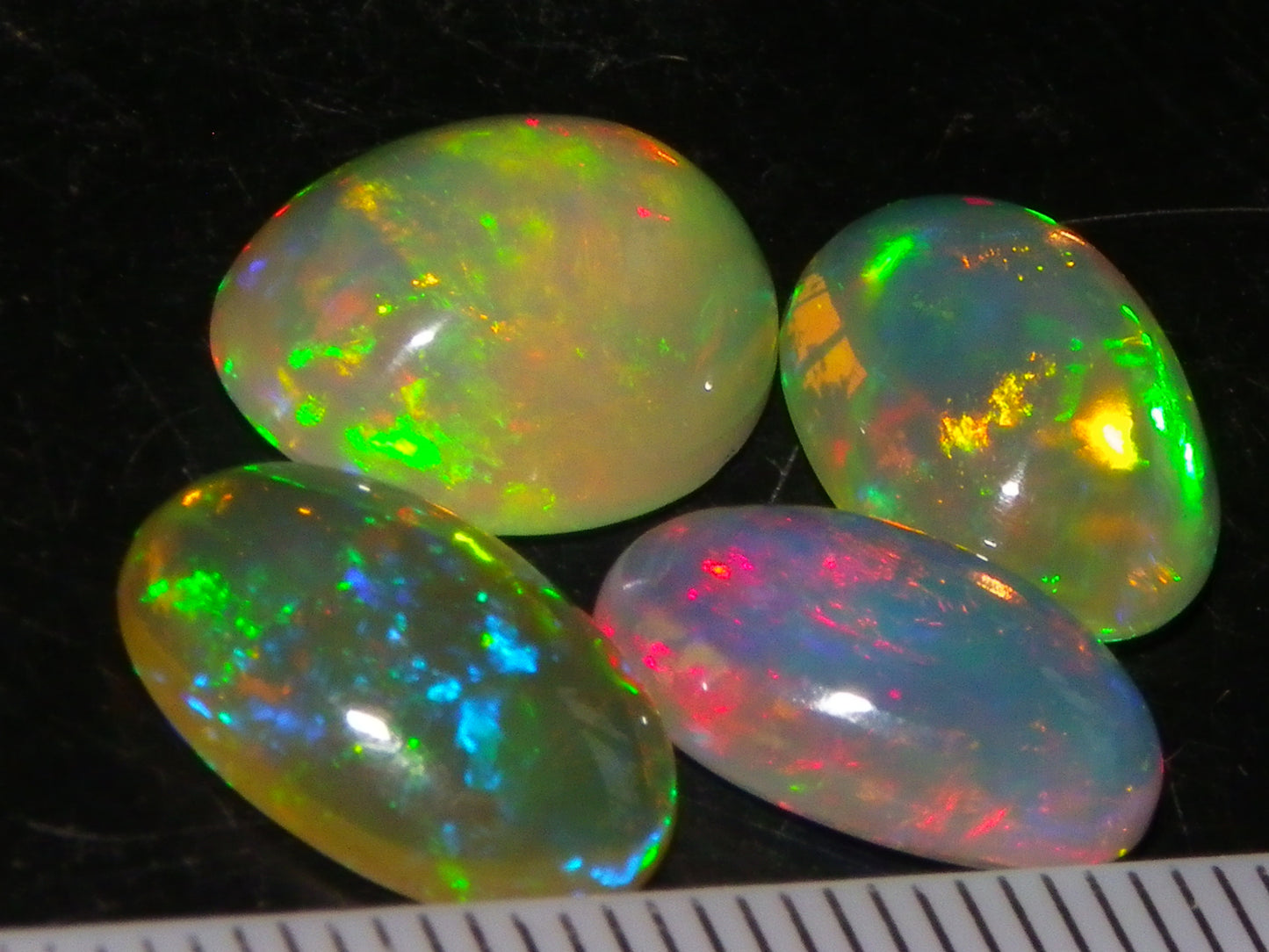 4 Nice Quality Ethiopian Welo Opal Cabs 10.5cts Multicolour Fires Green/Red/Blues