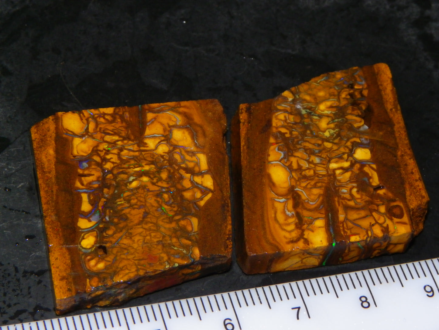 Nice Rough/Sliced Koroit Pair 123.4cts Matching Patterns Some Fires Red/Greens
