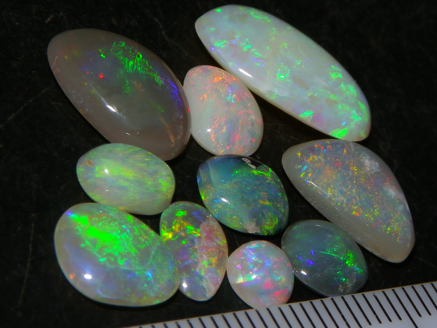 Nice Quality Lightning Ridge Opal Cabs/Freeforms 12.4cts  10 Stones Mixed Fires :)