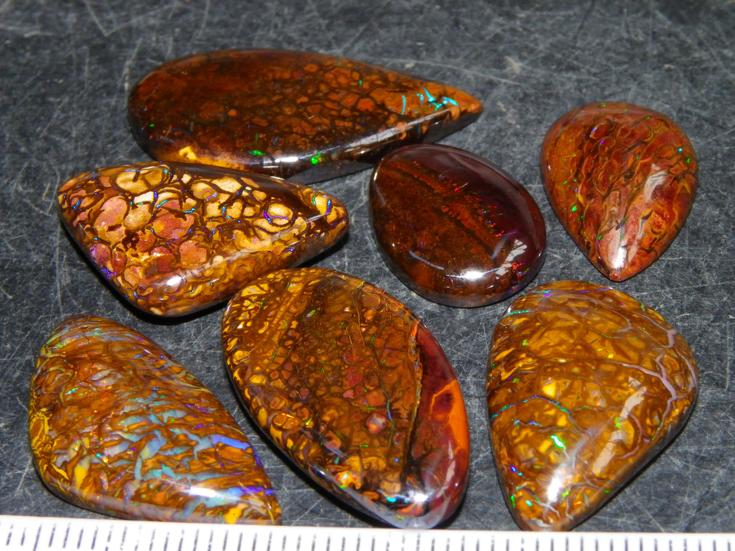 7 Nice Koroit Opal Cabs/Freeforms 96.9cts Green/Blues Patterns double sided Qld Au