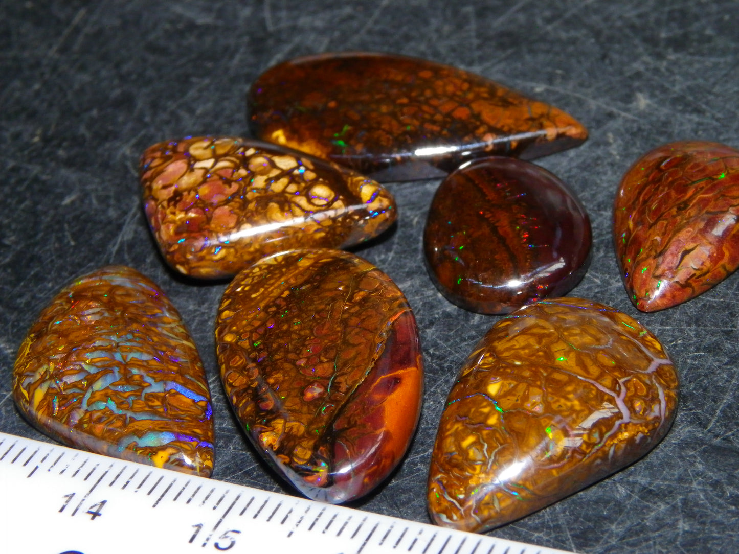 7 Nice Koroit Opal Cabs/Freeforms 96.9cts Green/Blues Patterns double sided Qld Au