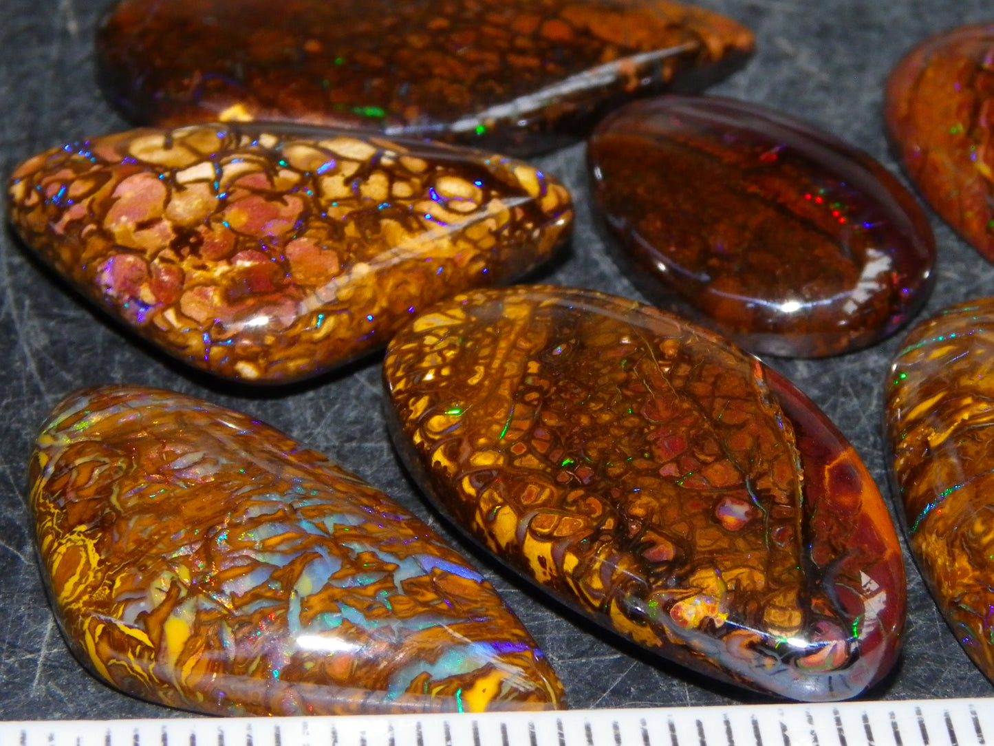 7 Nice Koroit Opal Cabs/Freeforms 96.9cts Green/Blues Patterns double sided Qld Au
