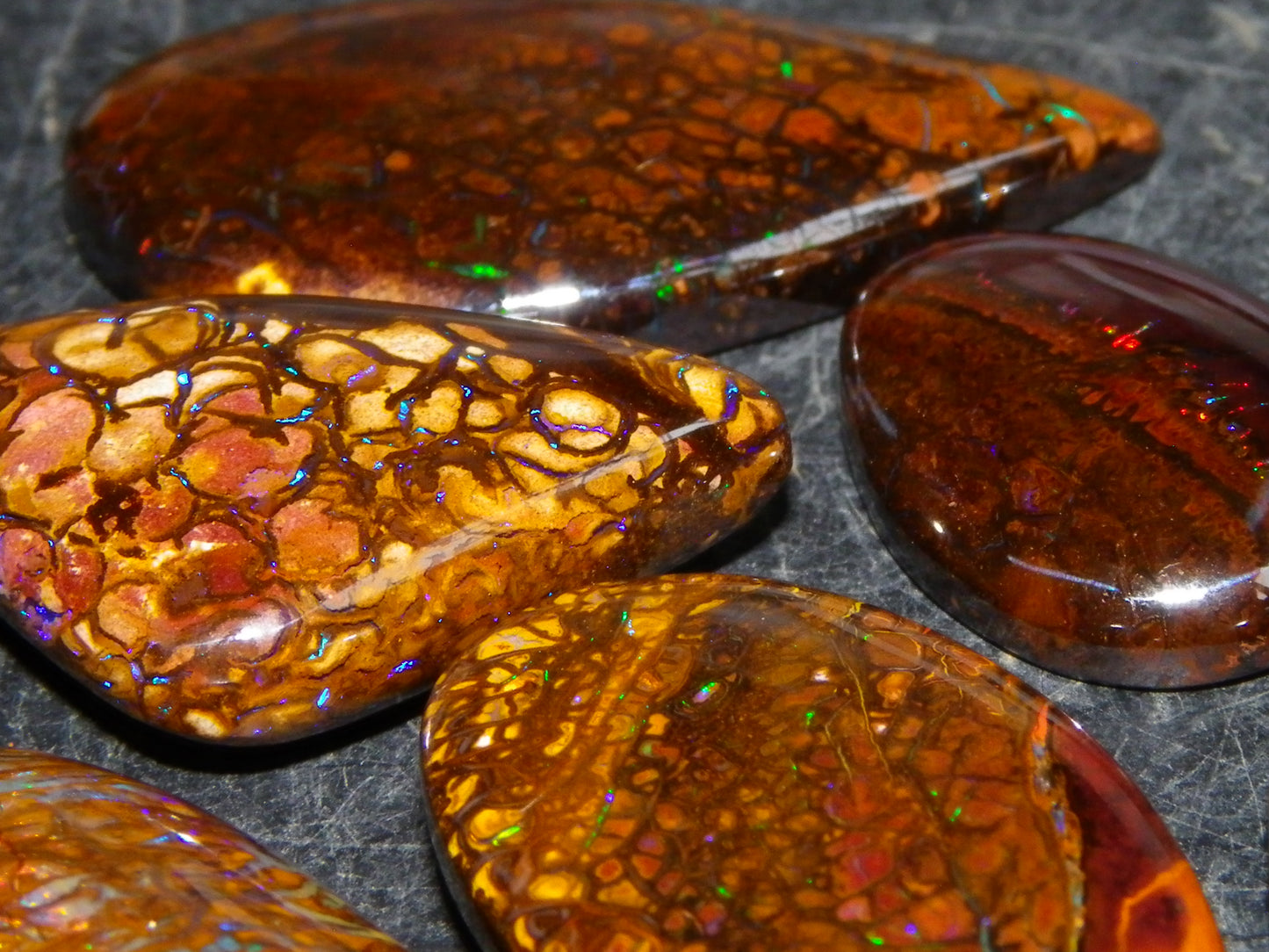7 Nice Koroit Opal Cabs/Freeforms 96.9cts Green/Blues Patterns double sided Qld Au