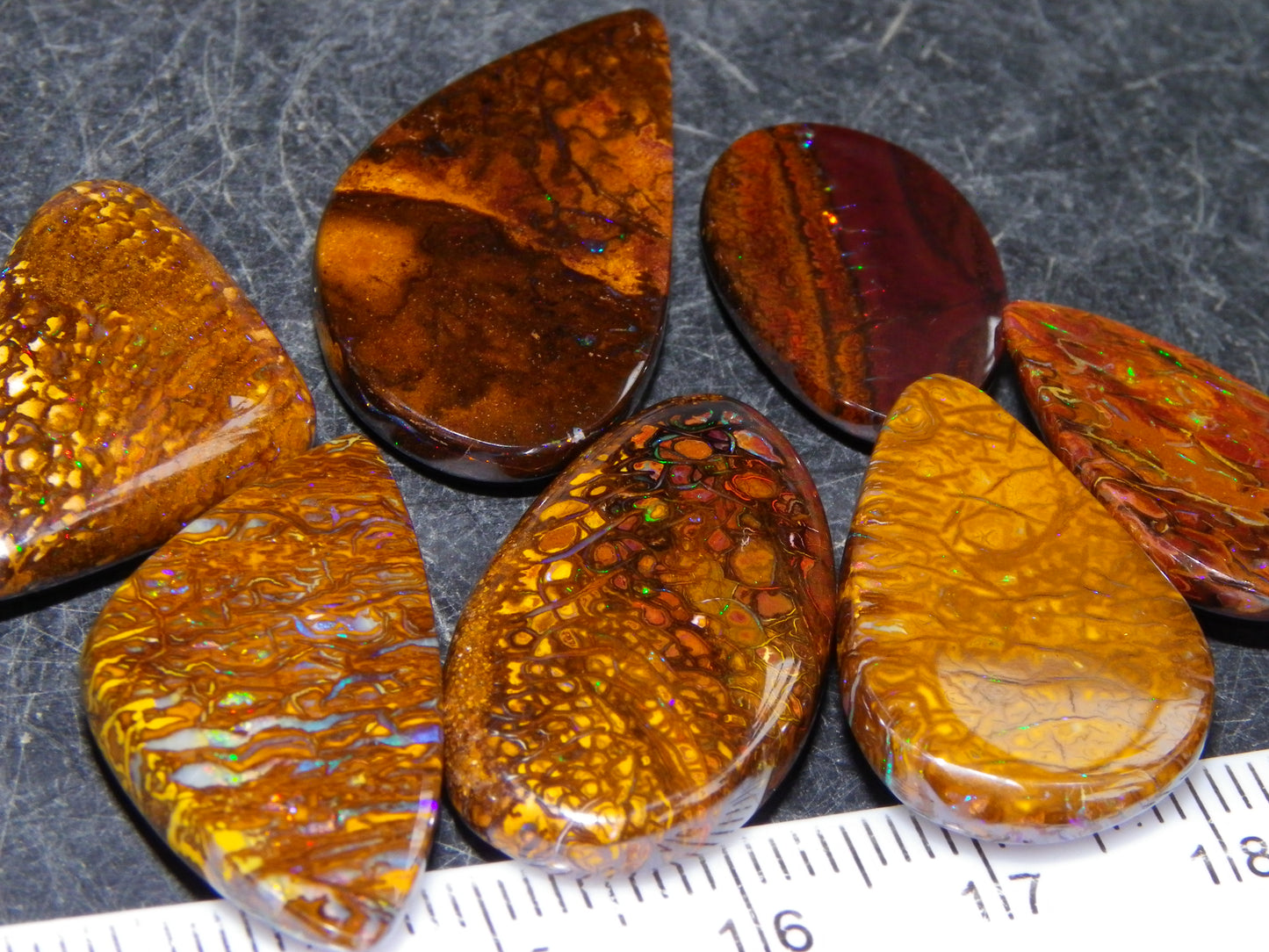 7 Nice Koroit Opal Cabs/Freeforms 96.9cts Green/Blues Patterns double sided Qld Au