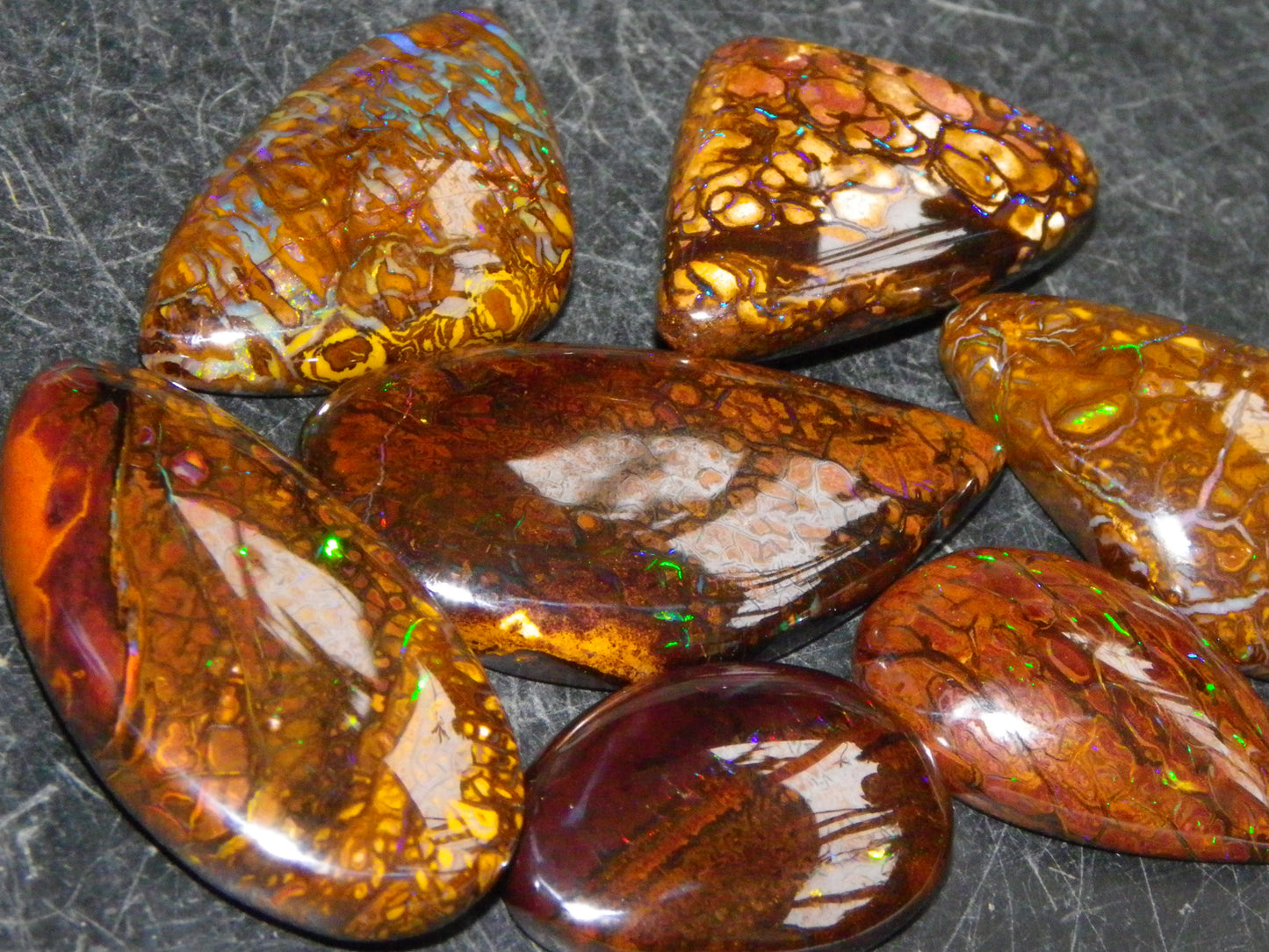 7 Nice Koroit Opal Cabs/Freeforms 96.9cts Green/Blues Patterns double sided Qld Au