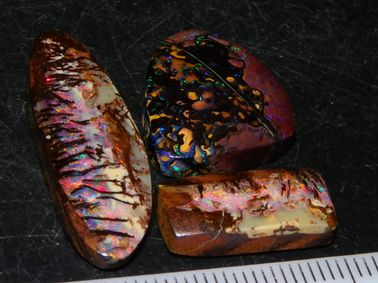 3 Nice Gem Cut/Polished Koroit Opals 35.31cts 2 Wood Replacement 1 Pattern Red/Green Fires