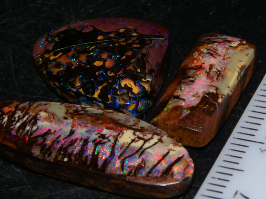 3 Nice Gem Cut/Polished Koroit Opals 35.31cts 2 Wood Replacement 1 Pattern Red/Green Fires