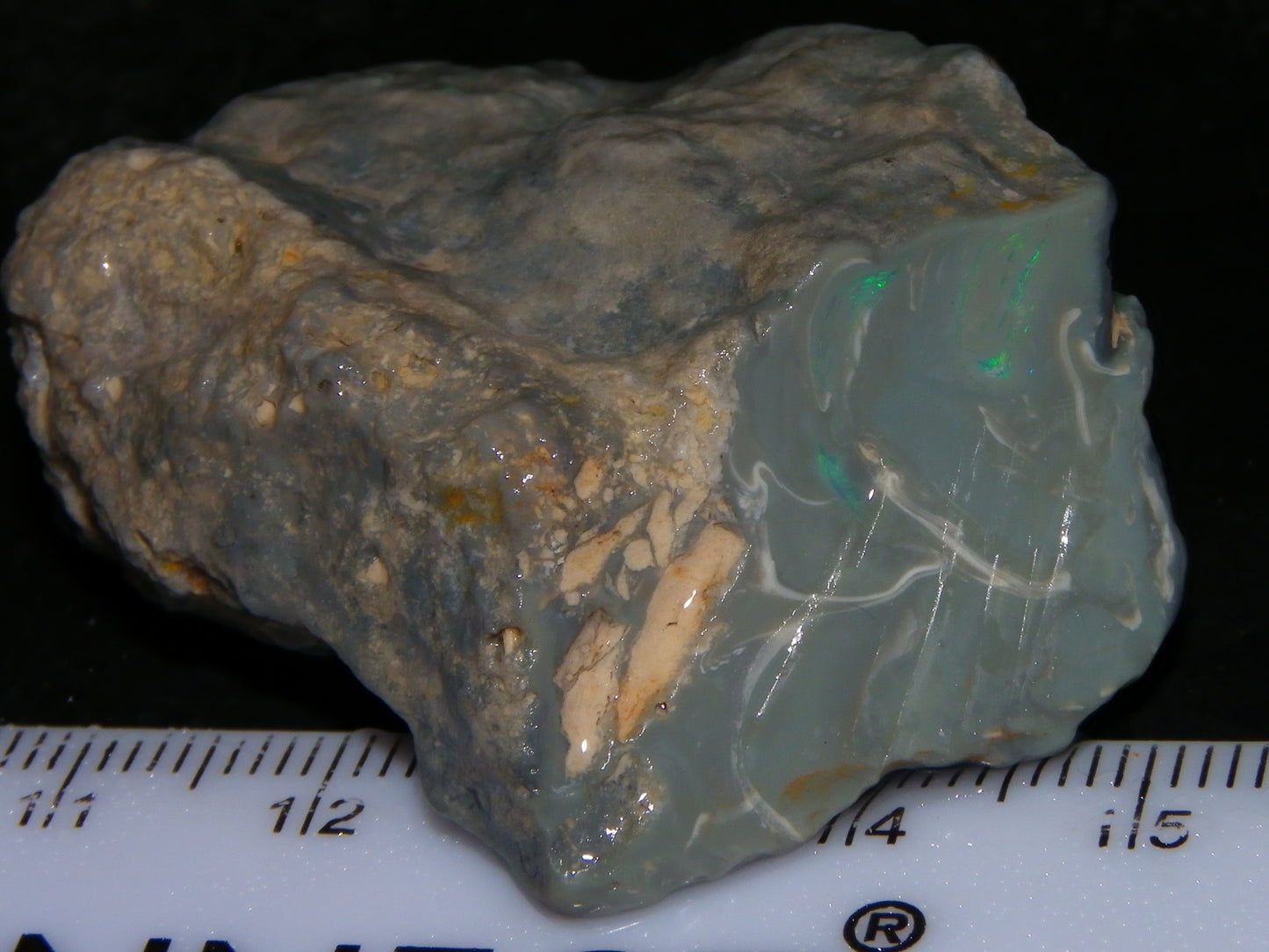 Nice Large Rough Opal Specimen 131cts Lightning Ridge Green/Blues in Grey Base