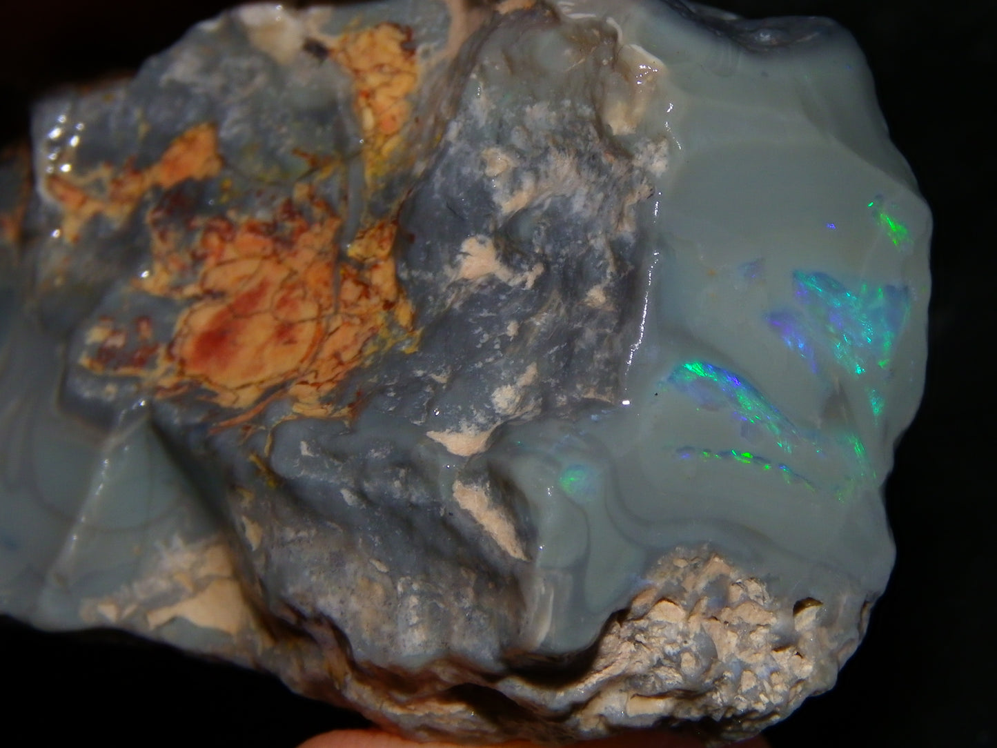 Nice Large Rough Opal Specimen 131cts Lightning Ridge Green/Blues in Grey Base