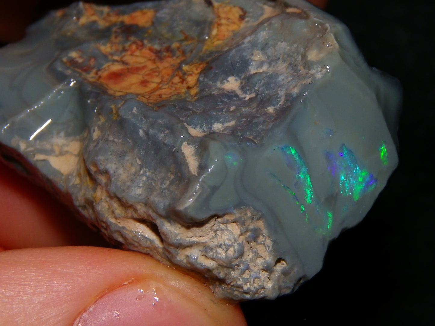 Nice Large Rough Opal Specimen 131cts Lightning Ridge Green/Blues in Grey Base