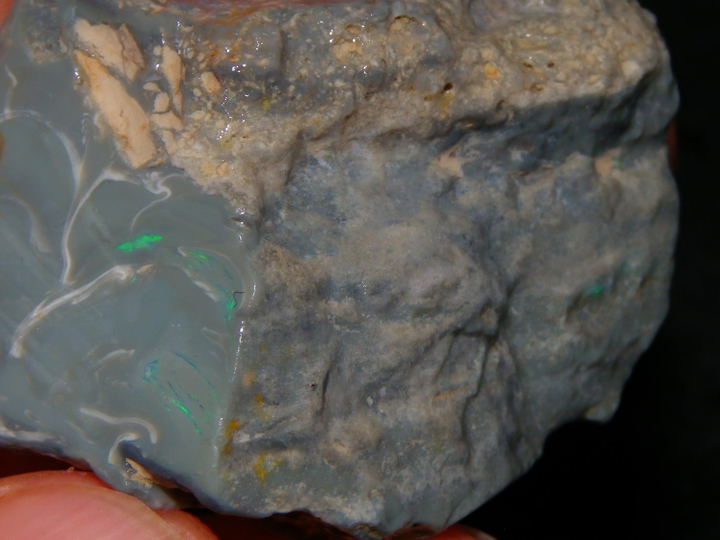 Nice Large Rough Opal Specimen 131cts Lightning Ridge Green/Blues in Grey Base