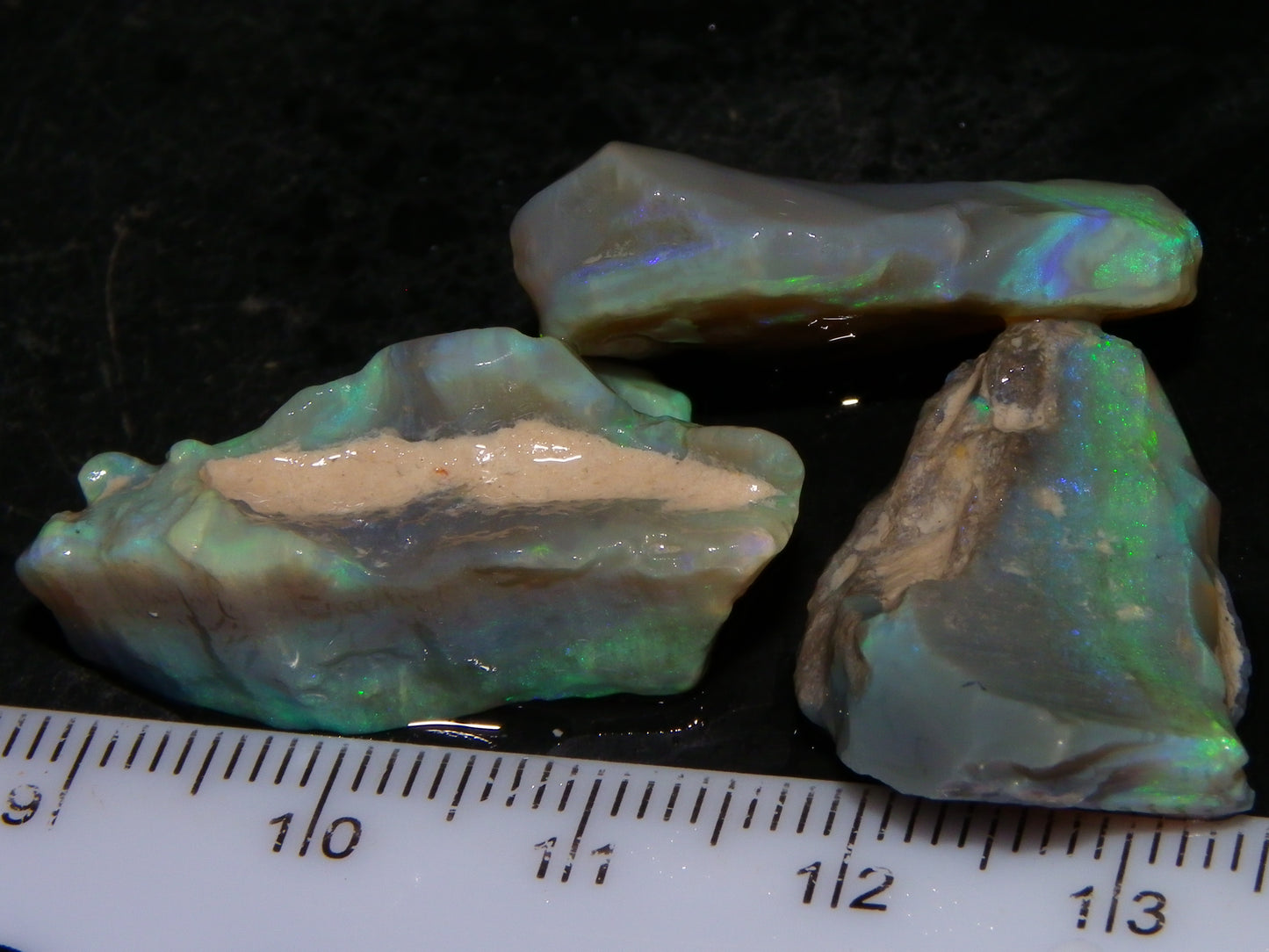 3 Nice Rough Lightning Ridge Opals 55cts Green/Blue Crystal/Grey Base Fires Au