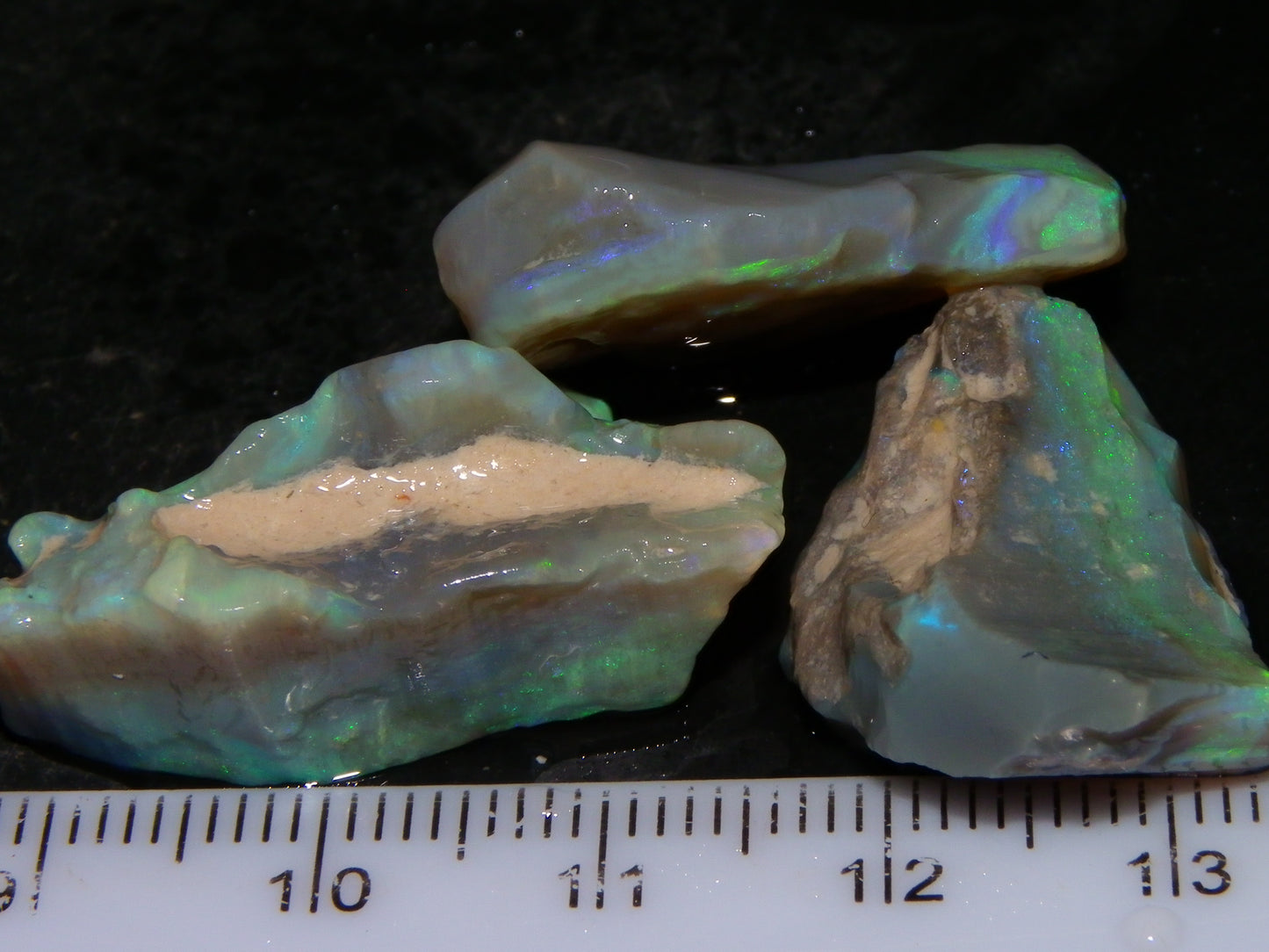 3 Nice Rough Lightning Ridge Opals 55cts Green/Blue Crystal/Grey Base Fires Au