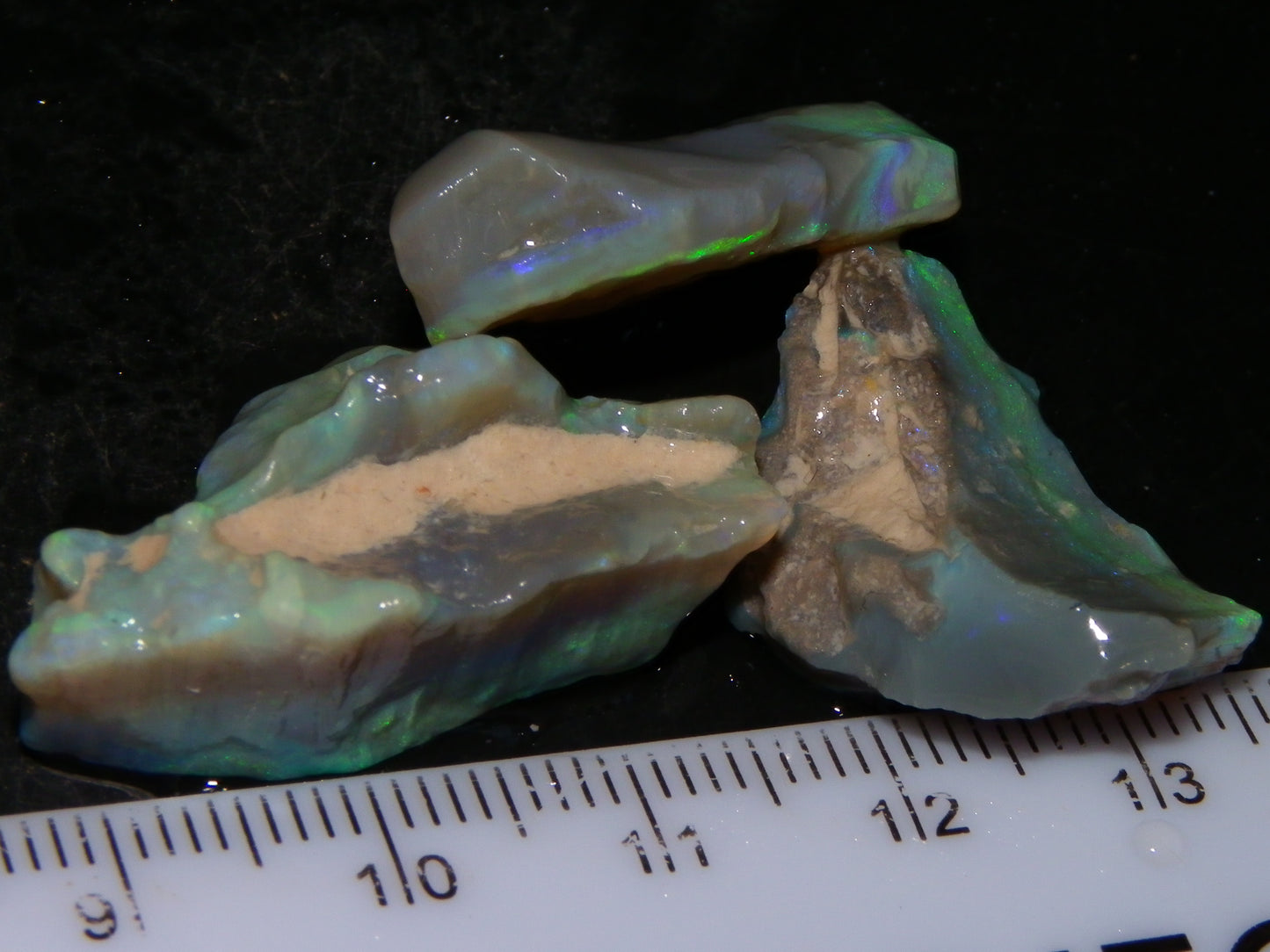 3 Nice Rough Lightning Ridge Opals 55cts Green/Blue Crystal/Grey Base Fires Au