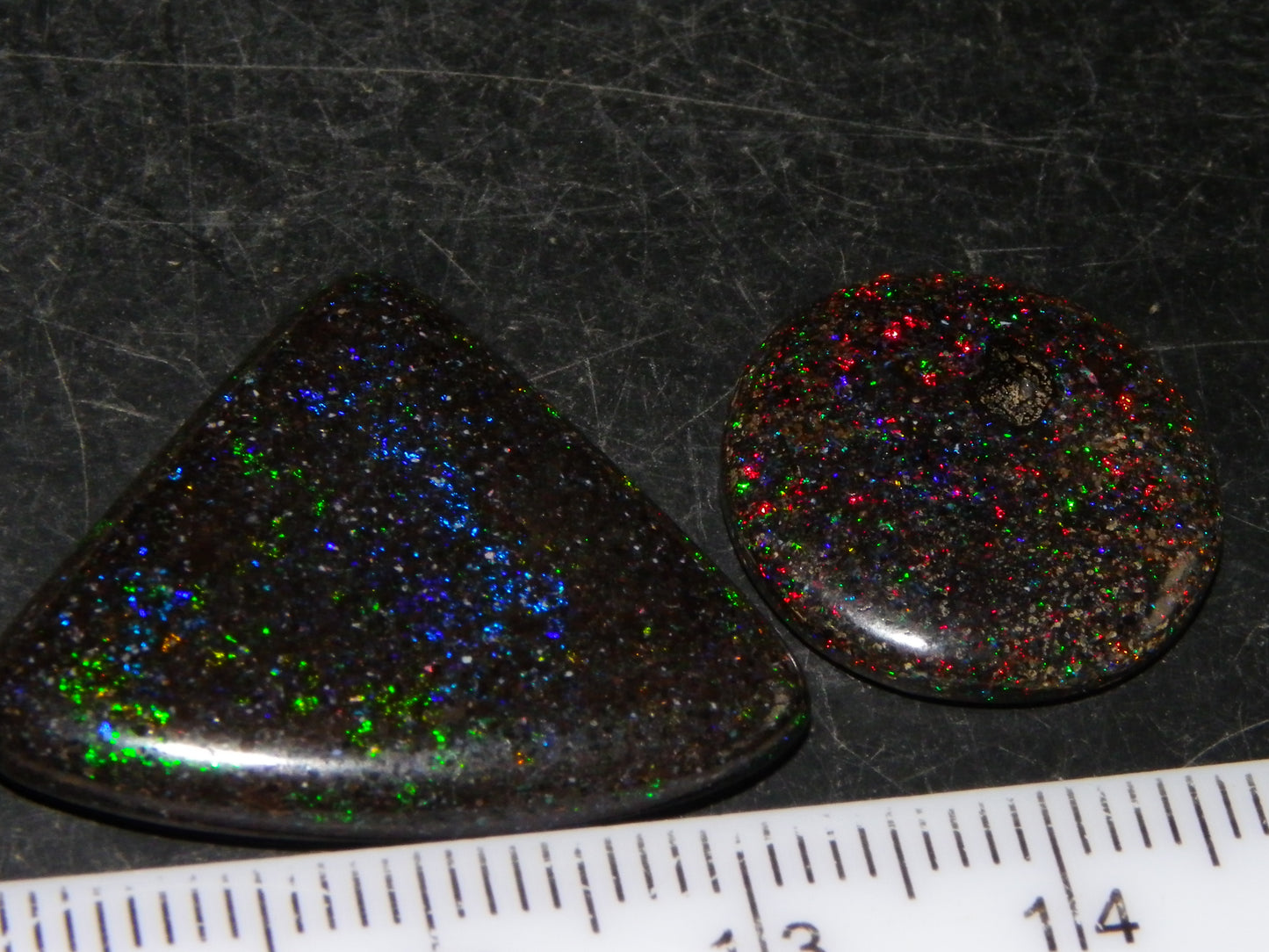 2 Nice Quality Andamooka Matrix Opal Cabs 16.2cts Blue/Green/red Fires Mixed Freeforms