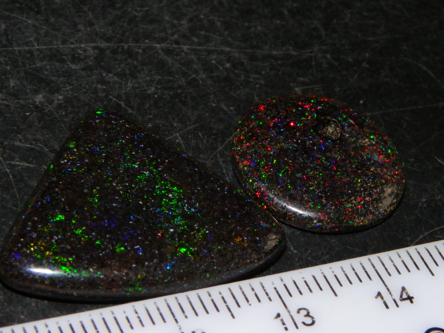 2 Nice Quality Andamooka Matrix Opal Cabs 16.2cts Blue/Green/red Fires Mixed Freeforms