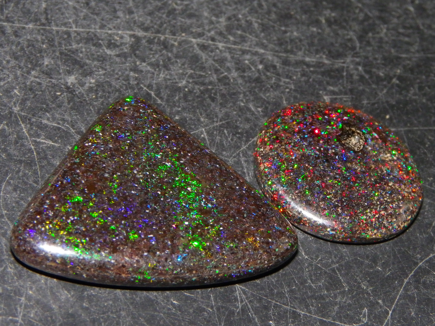 2 Nice Quality Andamooka Matrix Opal Cabs 16.2cts Blue/Green/red Fires Mixed Freeforms