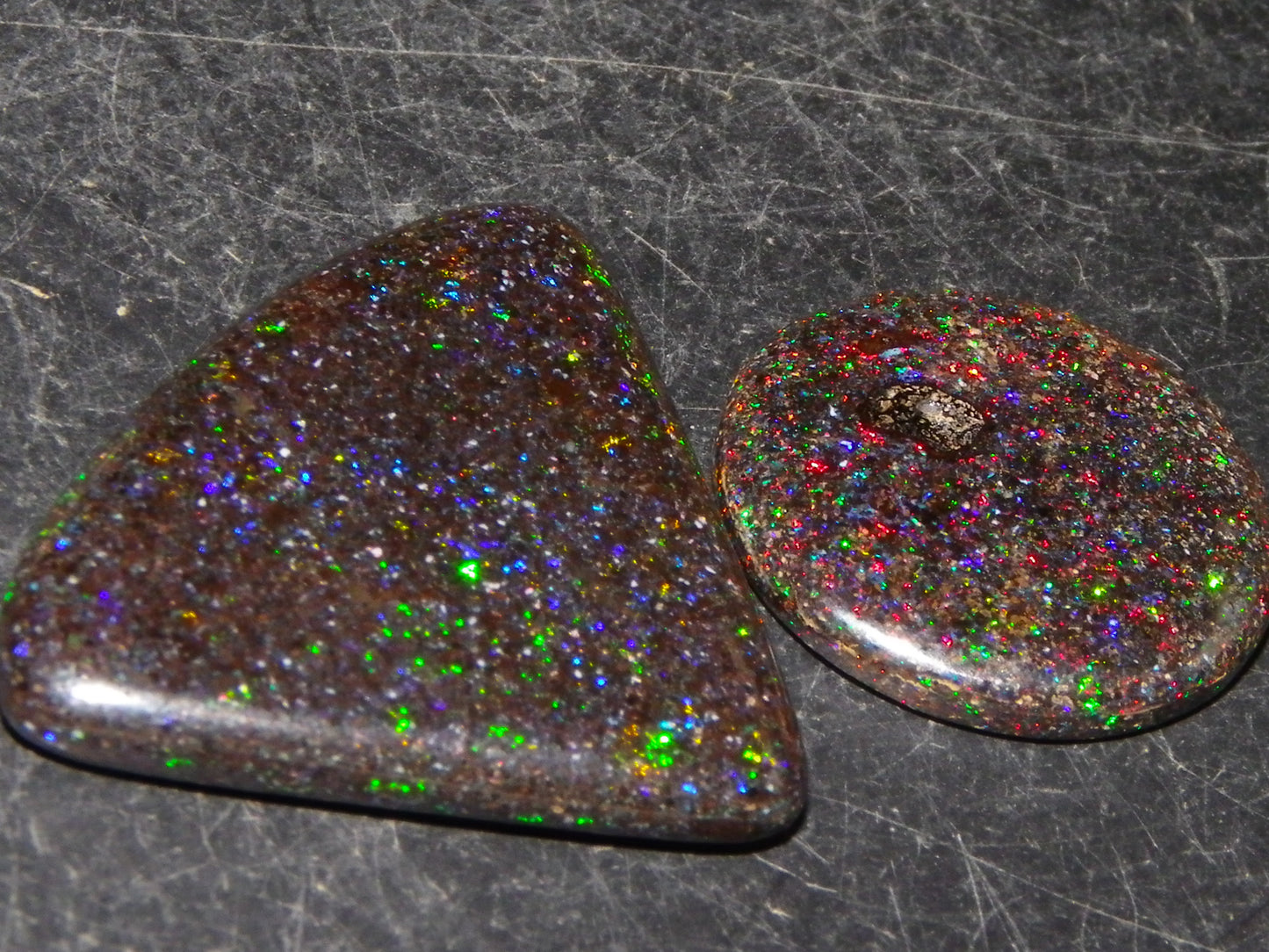 2 Nice Quality Andamooka Matrix Opal Cabs 16.2cts Blue/Green/red Fires Mixed Freeforms