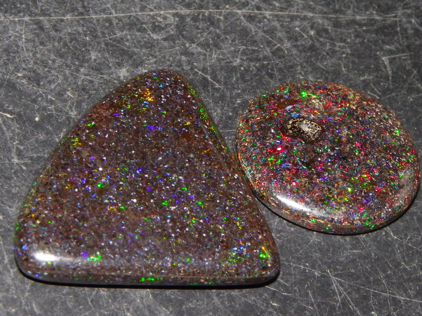 2 Nice Quality Andamooka Matrix Opal Cabs 16.2cts Blue/Green/red Fires Mixed Freeforms