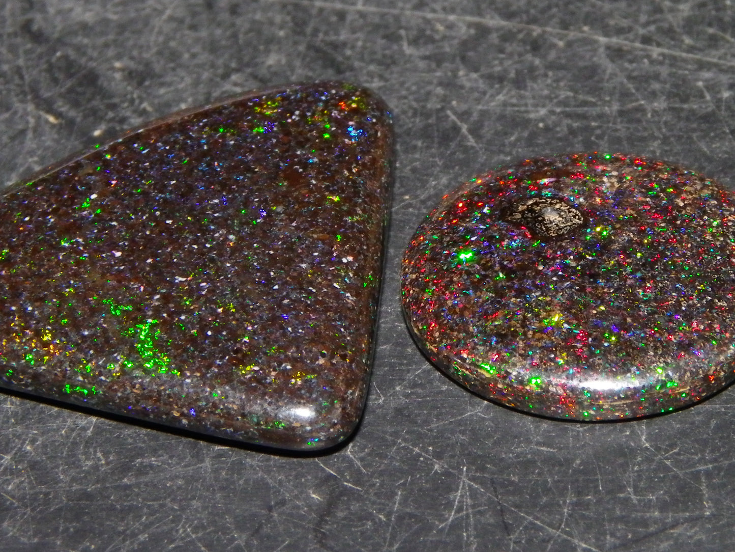 2 Nice Quality Andamooka Matrix Opal Cabs 16.2cts Blue/Green/red Fires Mixed Freeforms