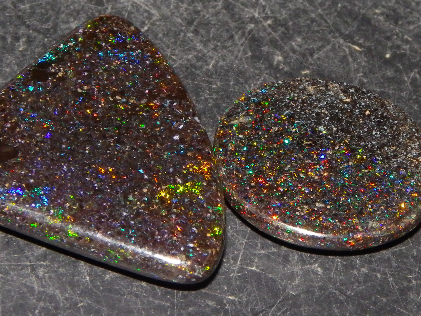 2 Nice Quality Andamooka Matrix Opal Cabs 16.2cts Blue/Green/red Fires Mixed Freeforms