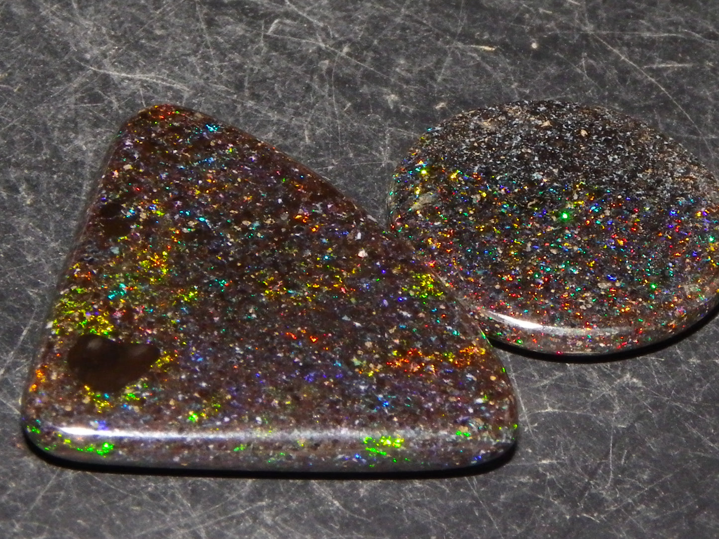 2 Nice Quality Andamooka Matrix Opal Cabs 16.2cts Blue/Green/red Fires Mixed Freeforms