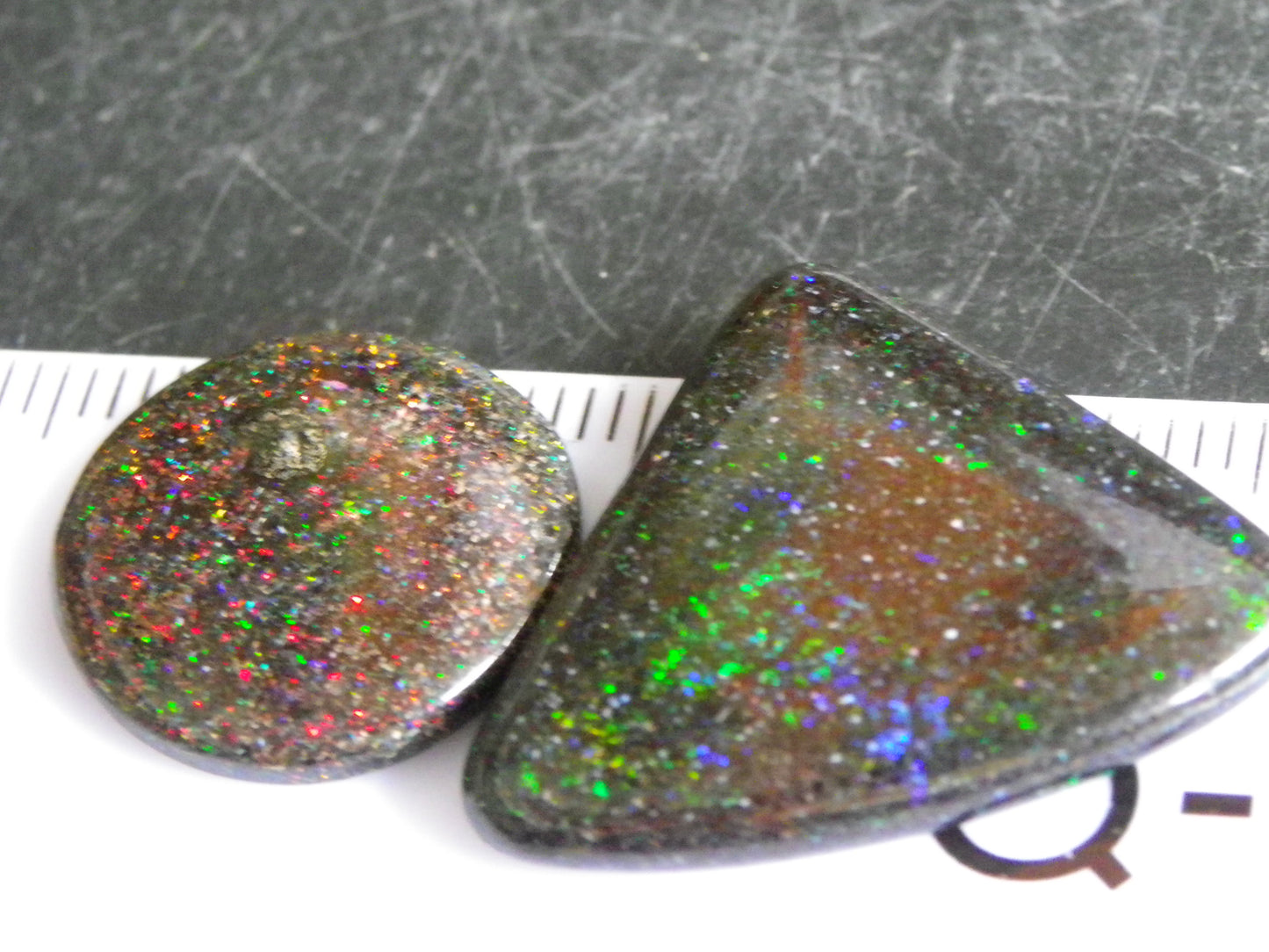 2 Nice Quality Andamooka Matrix Opal Cabs 16.2cts Blue/Green/red Fires Mixed Freeforms