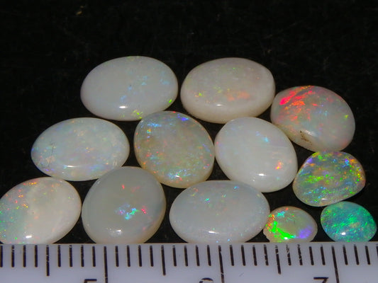 12 Cut/Polished Coober Pedy Opal Cabs 9.51cts Multicolour Fires White/Milky Base