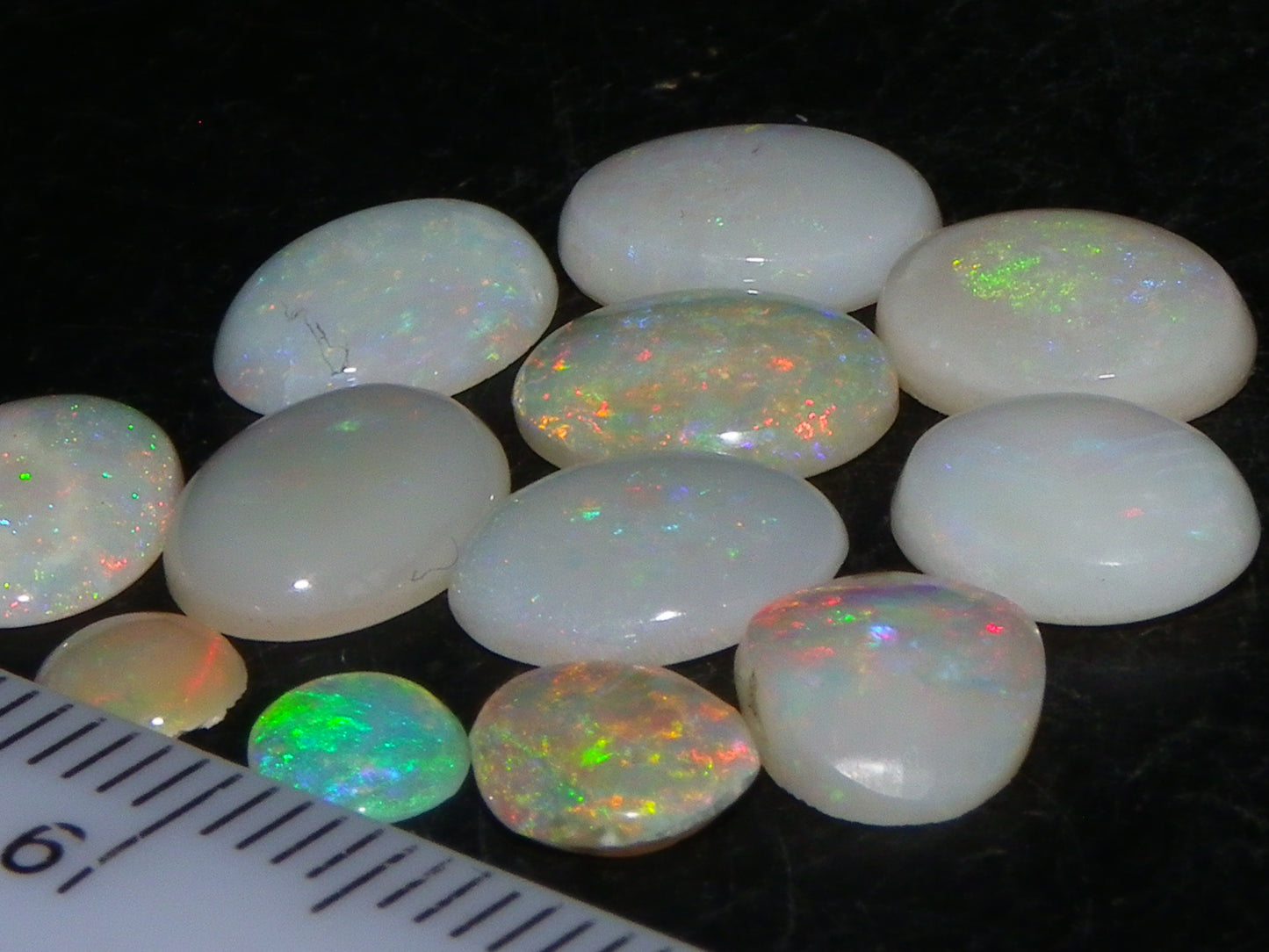 12 Cut/Polished Coober Pedy Opal Cabs 9.51cts Multicolour Fires White/Milky Base