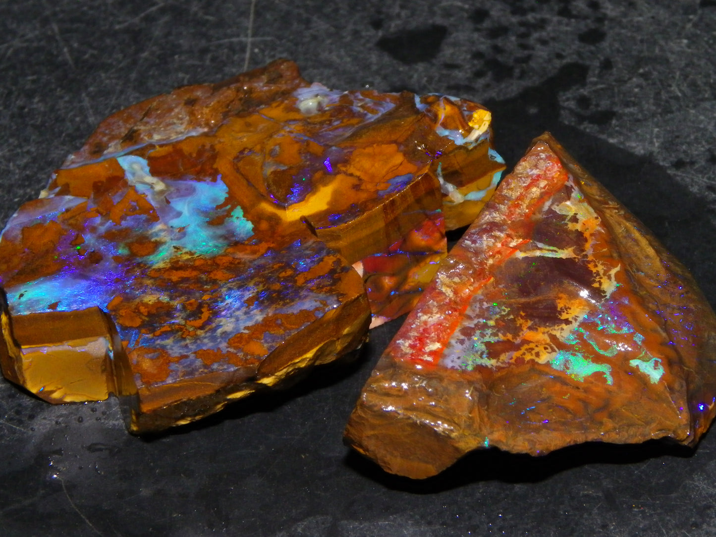 2 Nice Rough/Sliced Opals 303.8cts Queensland Australia Blue/Green Fires :)