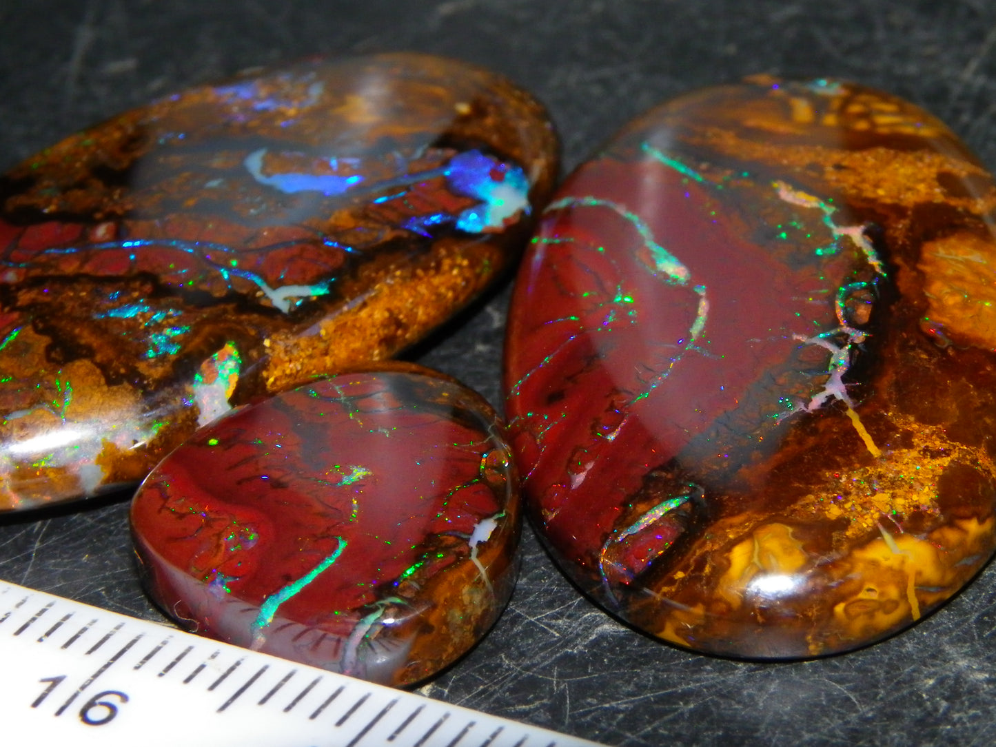 3 Quality Koroit Opal Cabs/Freeforms set 90.81cts Nut/Pattern Fires double sided