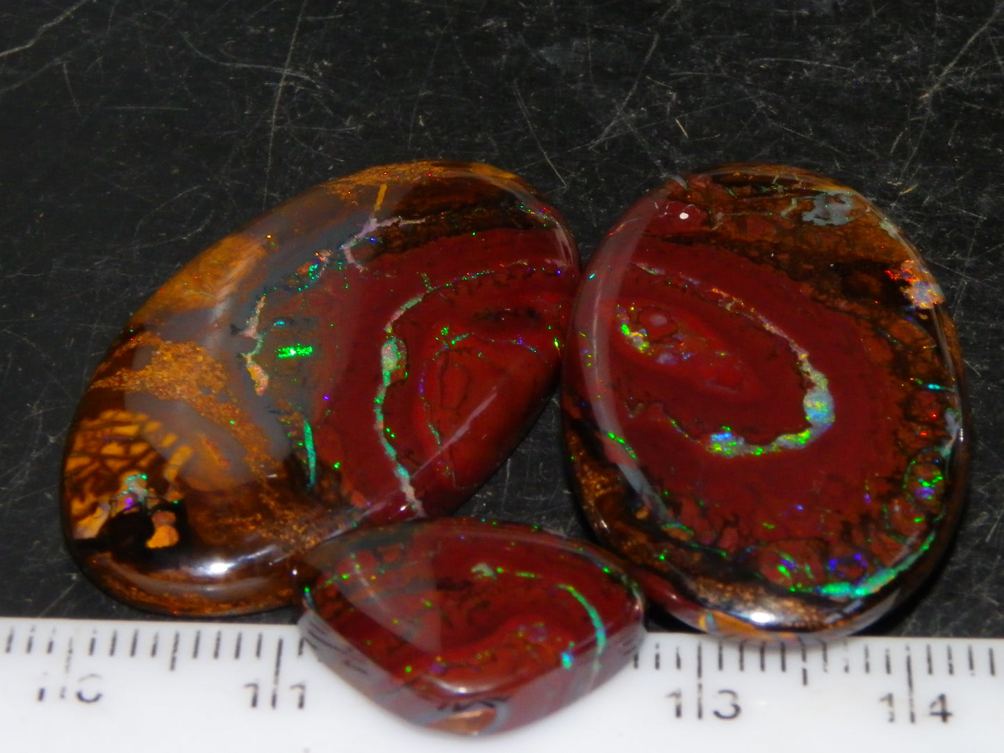 3 Quality Koroit Opal Cabs/Freeforms set 90.81cts Nut/Pattern Fires double sided
