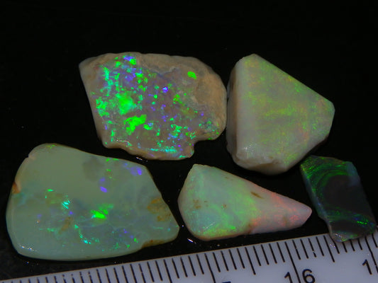 5 Nice Rubbed Lightning Ridge Opals 22cts Fires/Patterns Australia Mixed Base :)