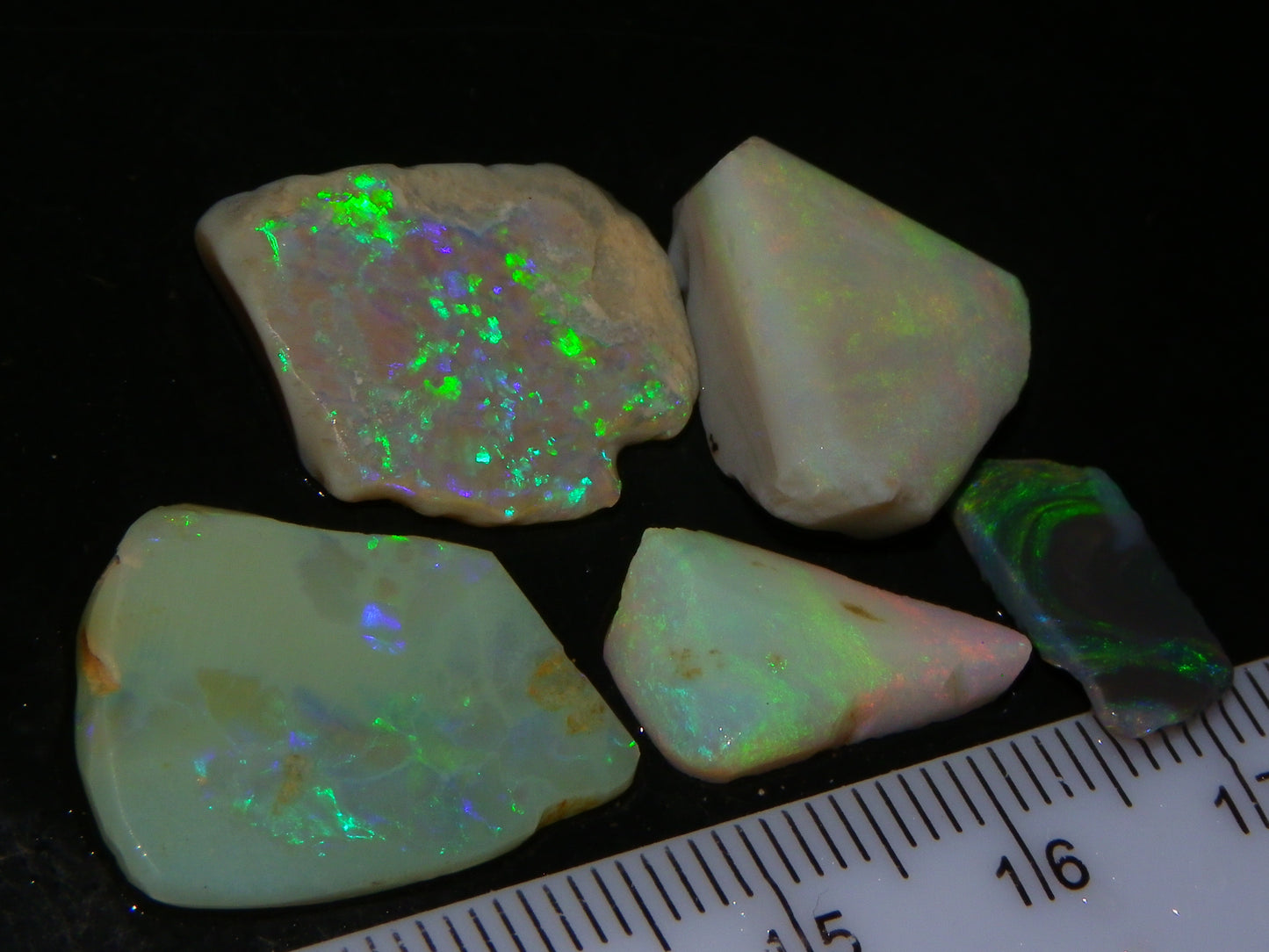 5 Nice Rubbed Lightning Ridge Opals 22cts Fires/Patterns Australia Mixed Base :)