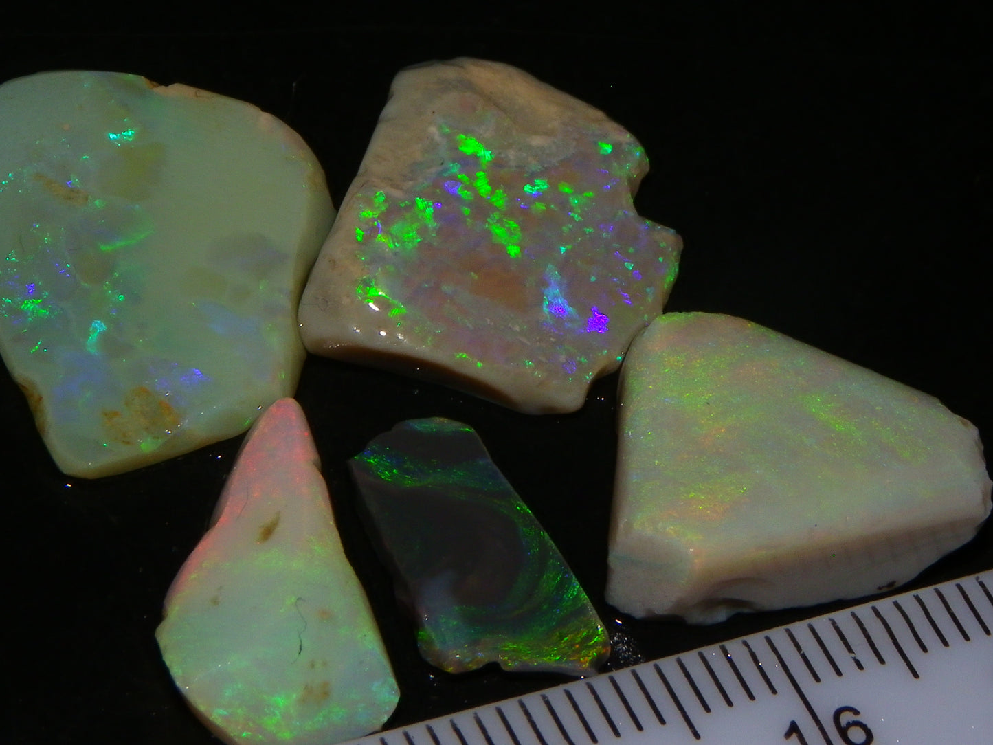 5 Nice Rubbed Lightning Ridge Opals 22cts Fires/Patterns Australia Mixed Base :)