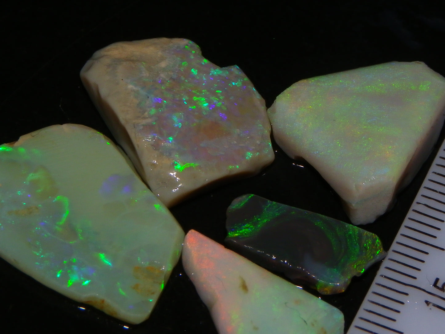 5 Nice Rubbed Lightning Ridge Opals 22cts Fires/Patterns Australia Mixed Base :)