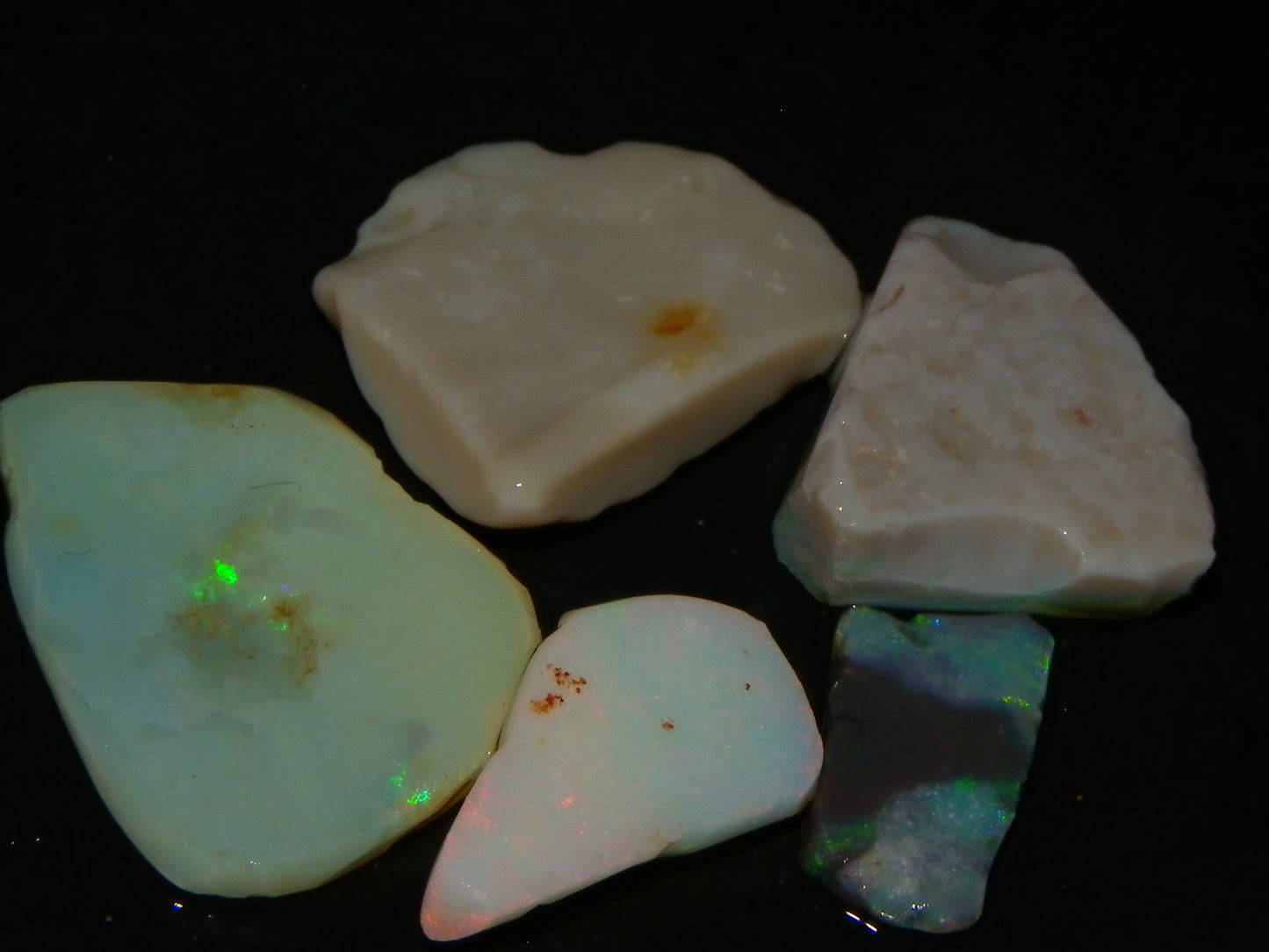 5 Nice Rubbed Lightning Ridge Opals 22cts Fires/Patterns Australia Mixed Base :)