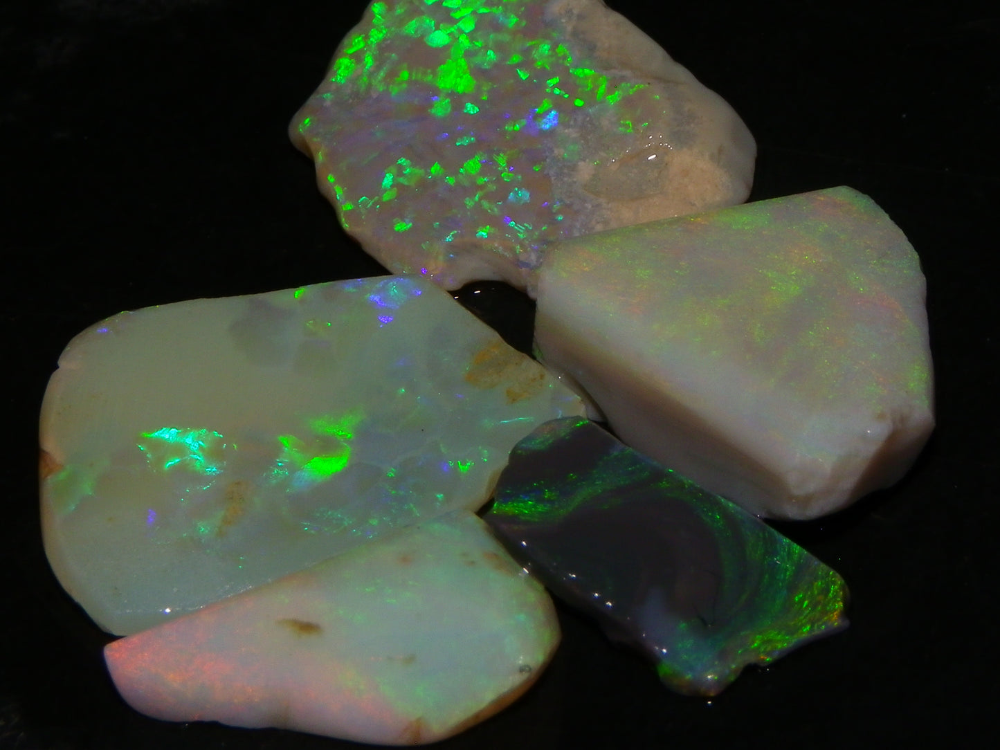 5 Nice Rubbed Lightning Ridge Opals 22cts Fires/Patterns Australia Mixed Base :)