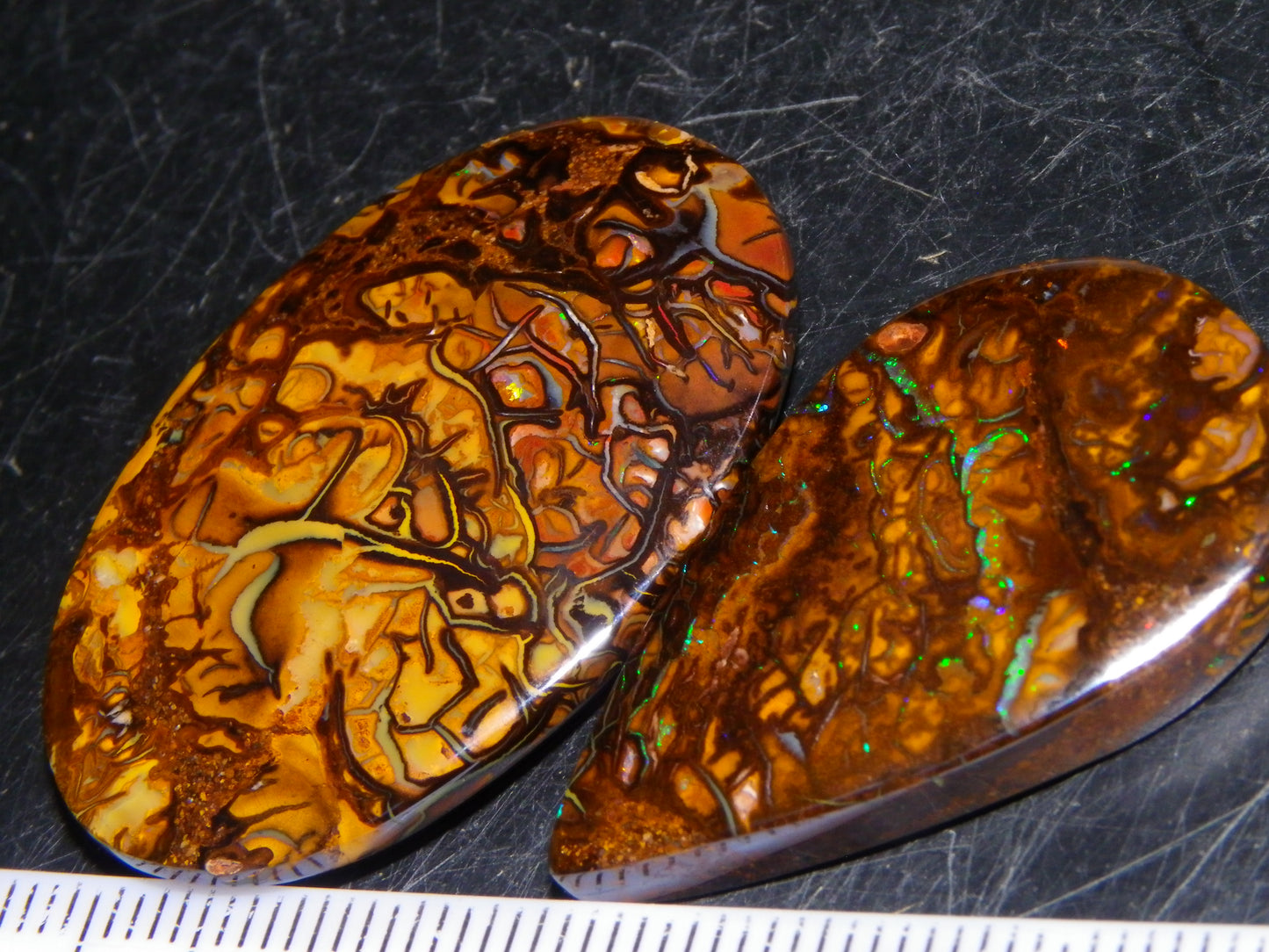 2 Nice Cut/Polished Koroit Opal Cabs/Freeforms 67cts Patterns some Fires Queensland Australia