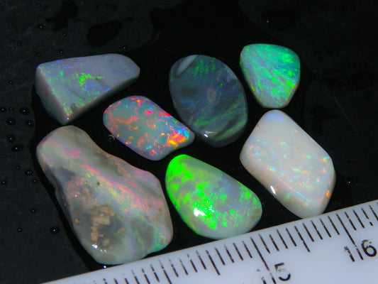 7 Nice Lightning Ridge Opal Rubs/Rough Preforms 12.4cts Mixed Fires, Base Red/Greens Au