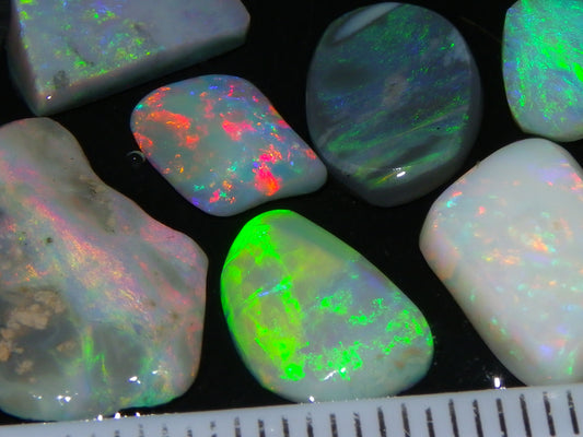 7 Nice Lightning Ridge Opal Rubs/Rough Preforms 12.4cts Mixed Fires, Base Red/Greens Au