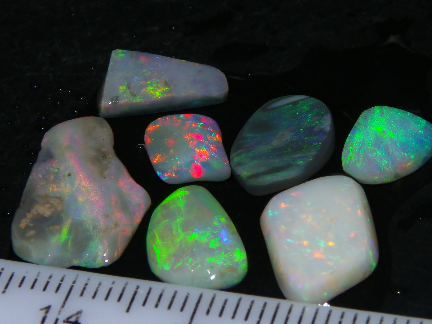 7 Nice Lightning Ridge Opal Rubs/Rough Preforms 12.4cts Mixed Fires, Base Red/Greens Au