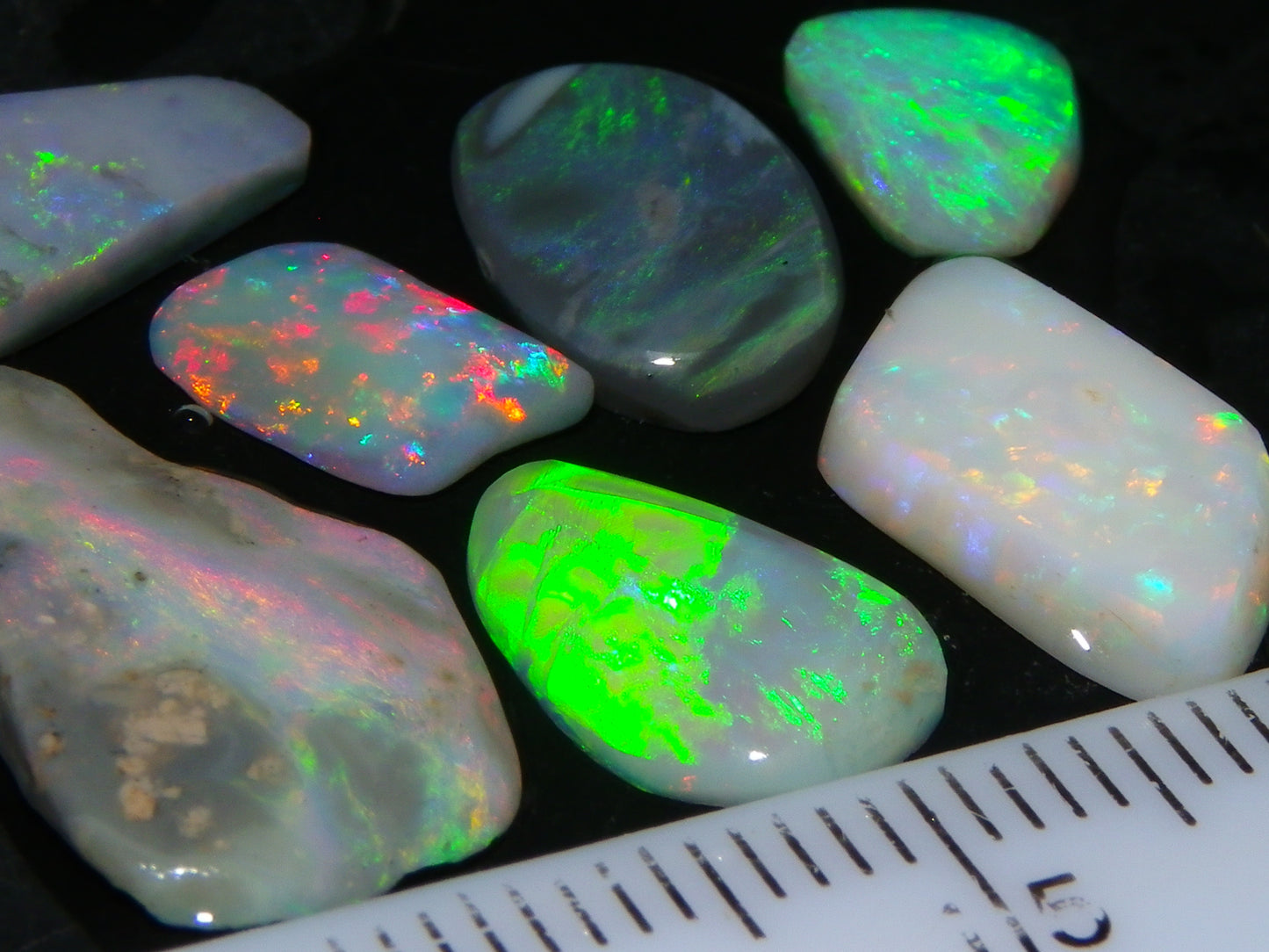 7 Nice Lightning Ridge Opal Rubs/Rough Preforms 12.4cts Mixed Fires, Base Red/Greens Au