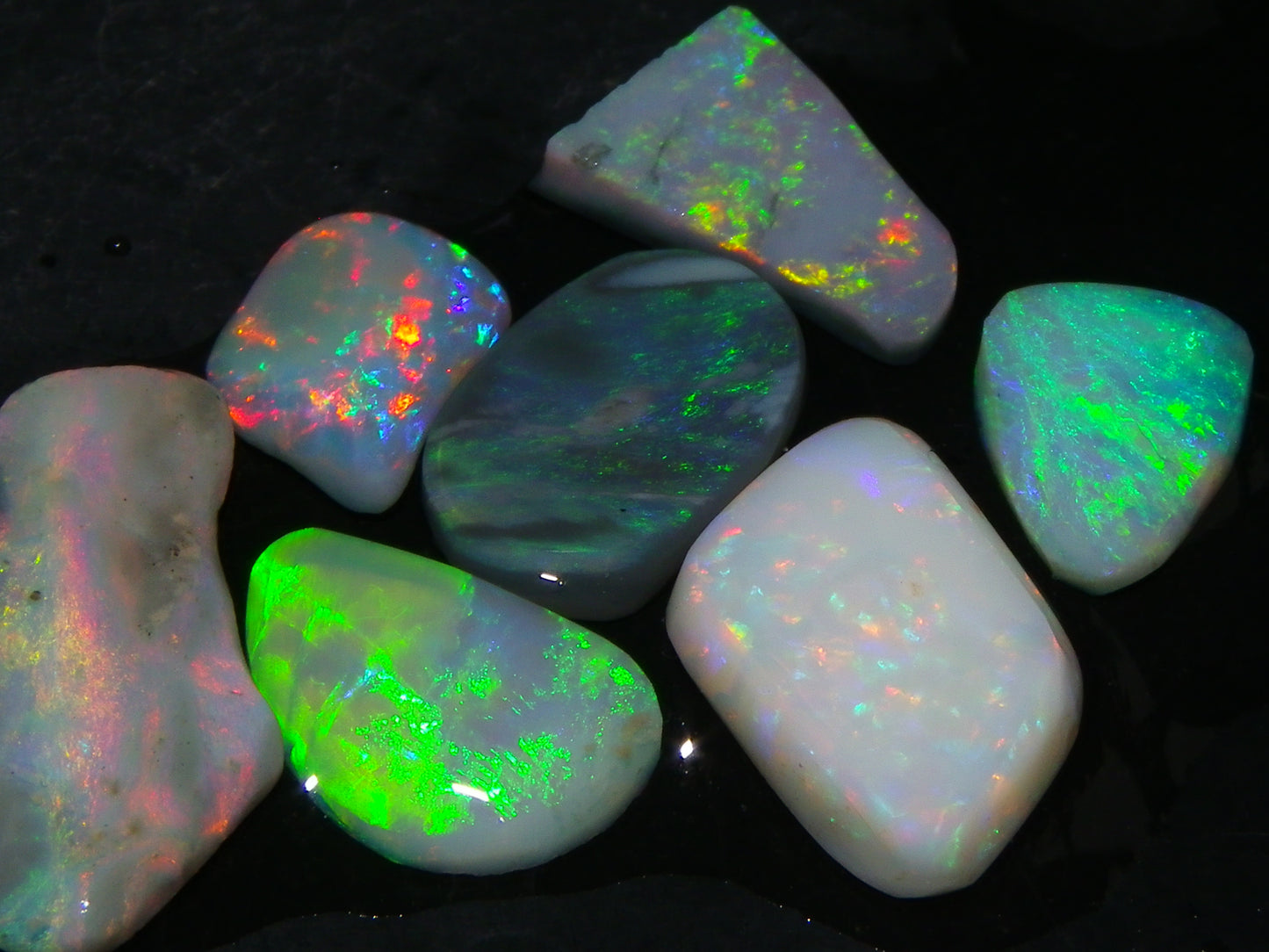 7 Nice Lightning Ridge Opal Rubs/Rough Preforms 12.4cts Mixed Fires, Base Red/Greens Au