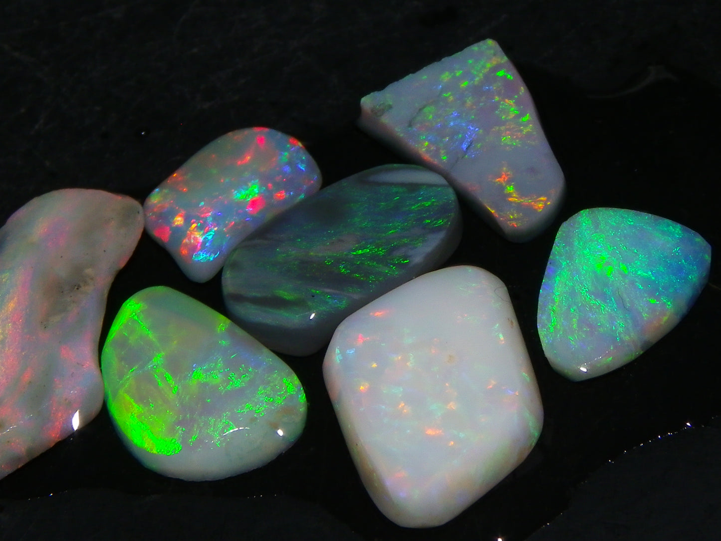 7 Nice Lightning Ridge Opal Rubs/Rough Preforms 12.4cts Mixed Fires, Base Red/Greens Au