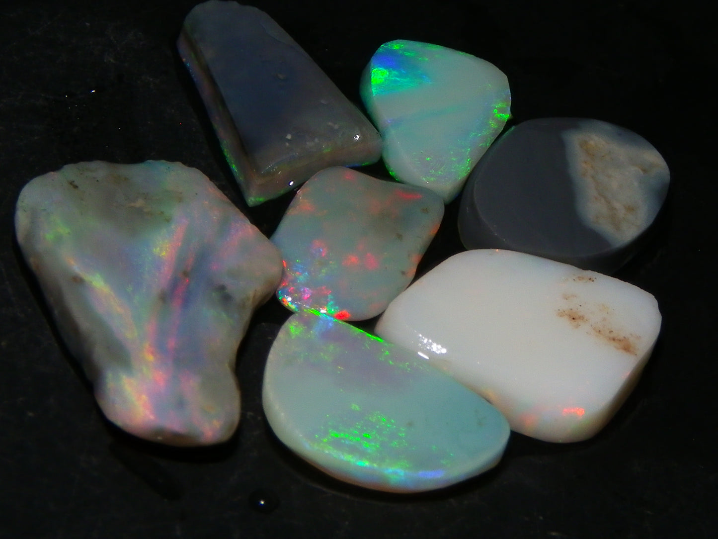 7 Nice Lightning Ridge Opal Rubs/Rough Preforms 12.4cts Mixed Fires, Base Red/Greens Au