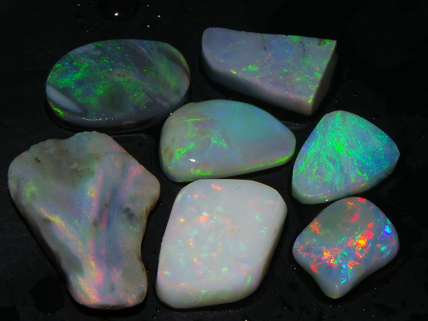 7 Nice Lightning Ridge Opal Rubs/Rough Preforms 12.4cts Mixed Fires, Base Red/Greens Au