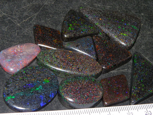 13 Nice Cut/Polished /Treated Andamooka Matrix Opals 143cts Red/Green/Blue Fires