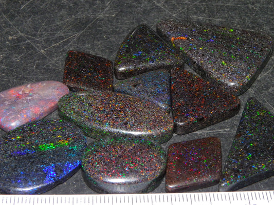 13 Nice Cut/Polished /Treated Andamooka Matrix Opals 143cts Red/Green/Blue Fires